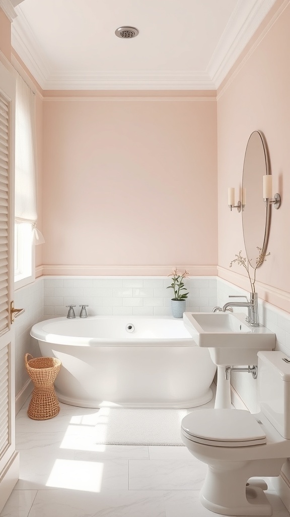 A bathroom with soft blush walls, white accents, a freestanding tub, and a small plant.