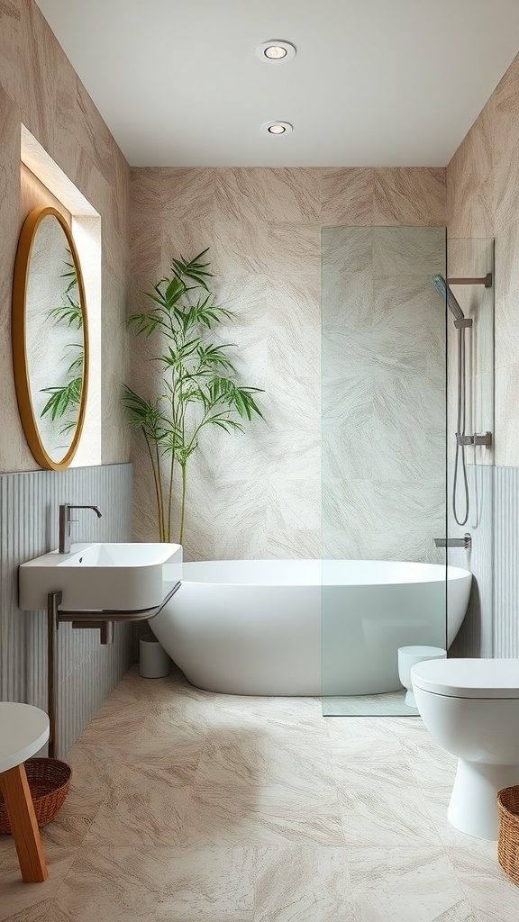 A modern bathroom featuring sustainable materials, including a freestanding bathtub, glass shower, and natural decor.