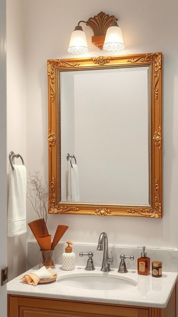 A beautifully framed mirror with elegant lighting above a bathroom sink, surrounded by tasteful decor.