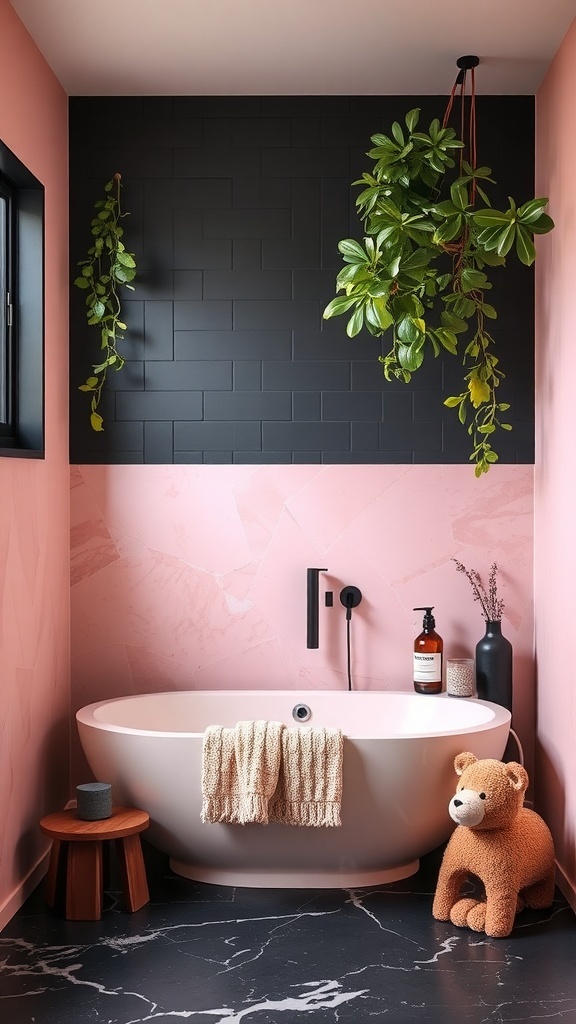 A pink and black bathroom featuring a freestanding bathtub, hanging plants, and a cozy atmosphere.