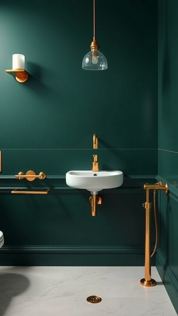A dark green bathroom featuring gold fixtures and a white sink.
