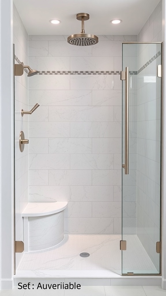 A modern shower space featuring a glass enclosure, large showerhead, and elegant tile work.