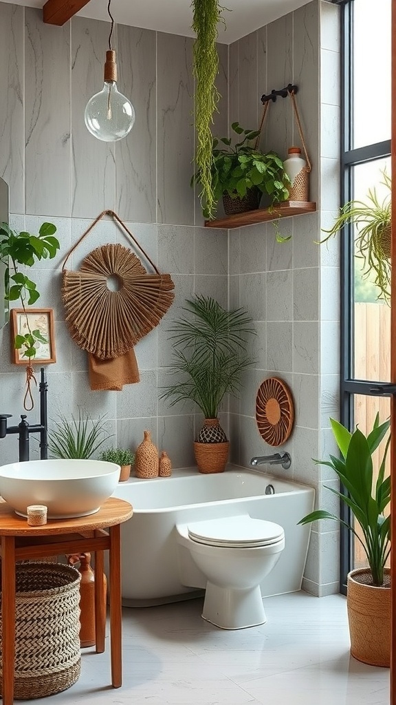 A nature-inspired bathroom with plants, wooden accents, and natural light.