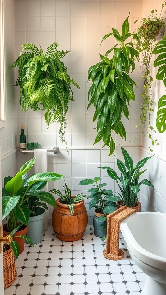 A bright bathroom with various indoor plants, including ferns and pothos, enhancing air quality.