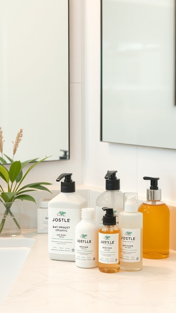 A selection of natural and organic bath products on a bathroom counter.