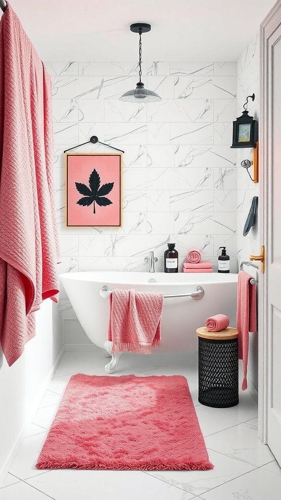A stylish pink and black bathroom featuring a freestanding bathtub, pink towels, and a leaf-themed artwork.