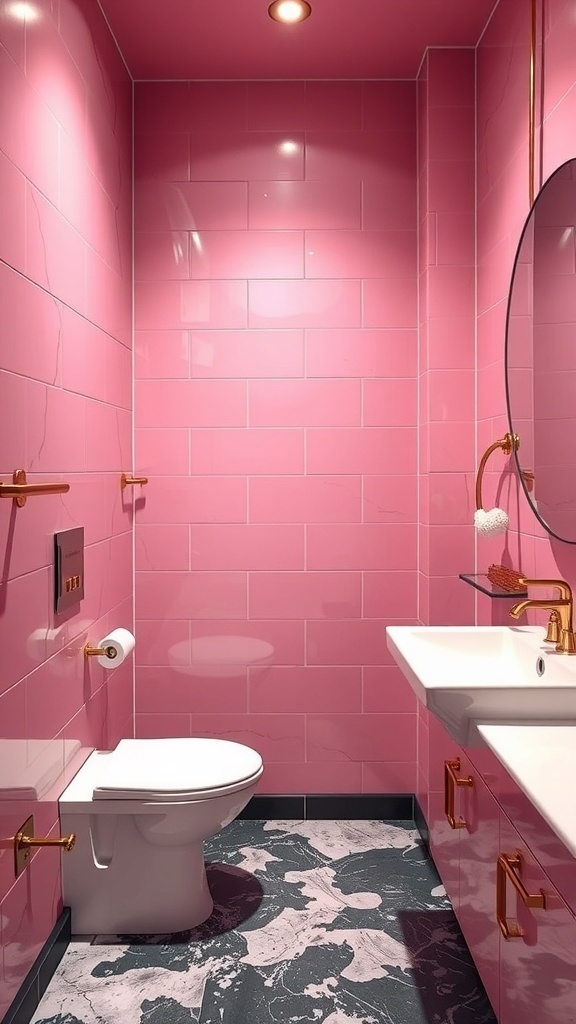 A modern pink and black bathroom featuring shiny gold fixtures and dark flooring.