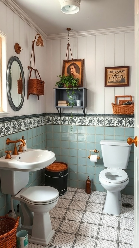 A vintage-style bathroom featuring blue tiles, a round mirror, hanging plants, and framed artwork.