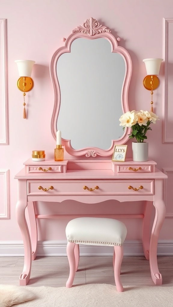 Chic pink vanity with gold hardware and a matching mirror
