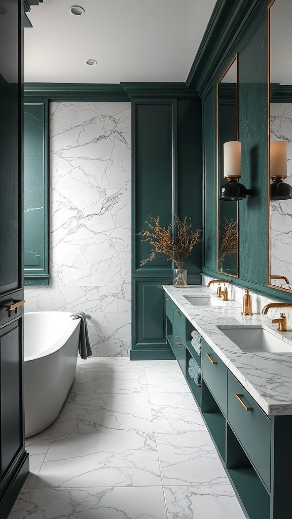 A luxurious bathroom featuring dark green cabinetry and marble accents.
