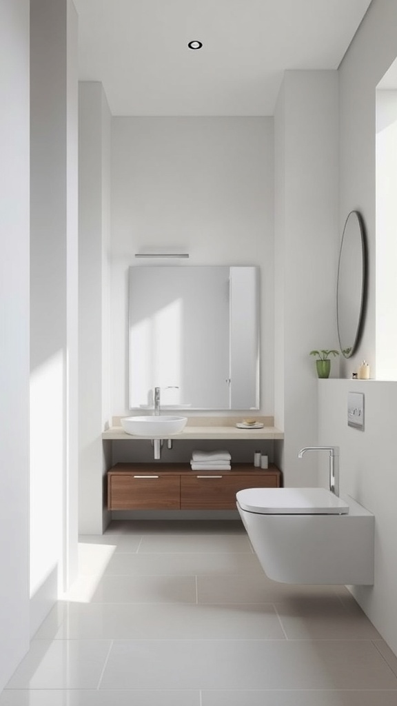 A minimalist bathroom featuring a floating vanity, sleek sink, and natural light.