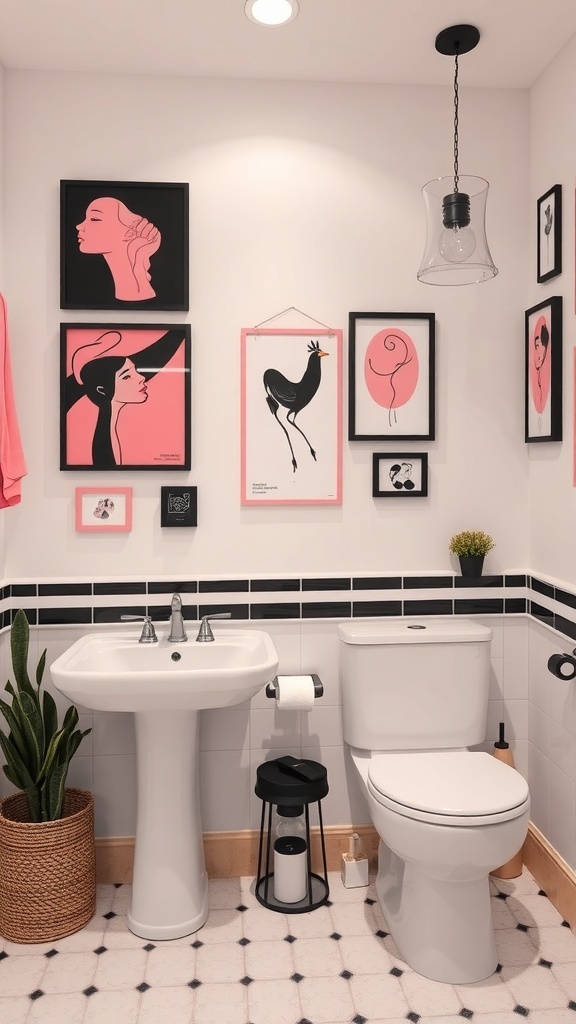 A stylish bathroom with pink and black wall decor, featuring artistic frames and a modern sink.
