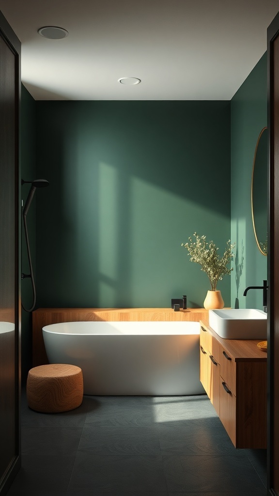 A modern bathroom featuring dark green walls, wooden accents, and a white bathtub.