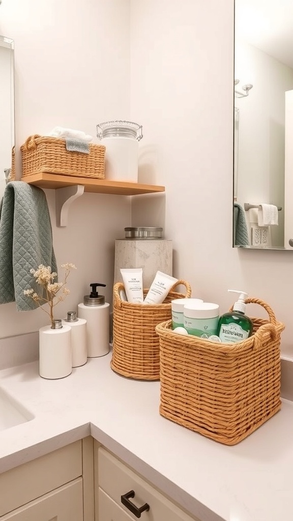 Organized bathroom counter with woven baskets and white containers