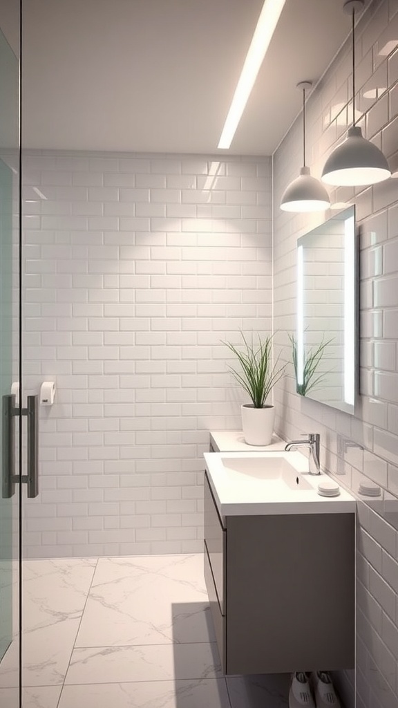 Modern bathroom with energy-efficient lighting and a potted plant