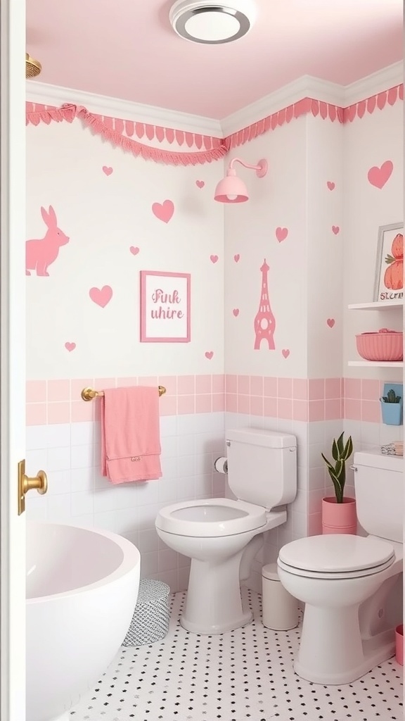 A whimsical pink bathroom designed for kids, featuring playful decorations and a cozy atmosphere.
