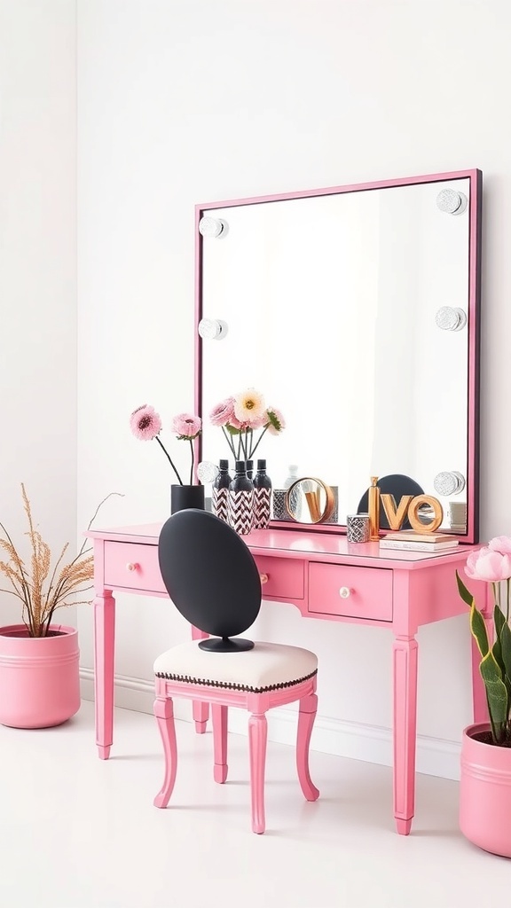 A stylish pink vanity with a large mirror, black chair, and decorative elements in a bright bathroom.