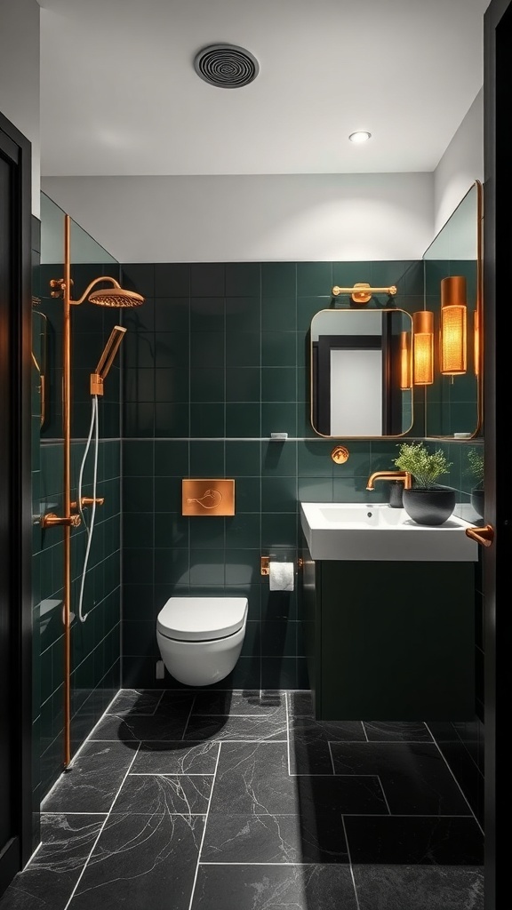 A modern bathroom featuring dark green tiles, copper fixtures, and black marble flooring.