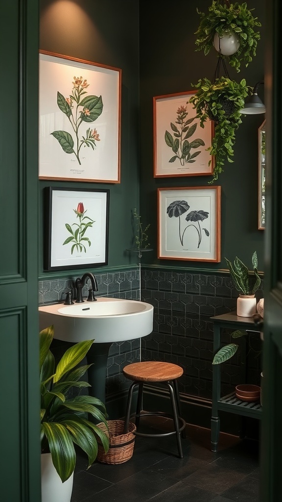 A dark green bathroom featuring botanical prints, plants, and a modern sink.