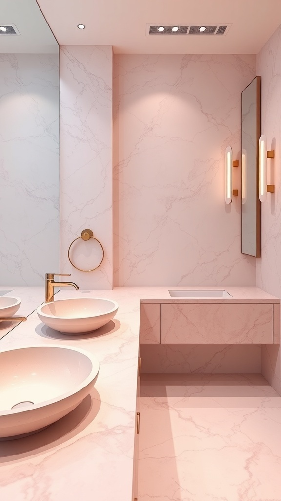 Modern pink marble bathroom with round sinks and gold fixtures