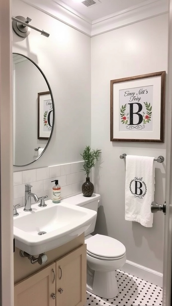 A cozy bathroom with a round mirror, framed wall art, and a small plant.