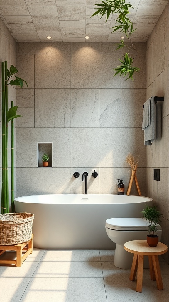 A modern eco-friendly bathroom featuring natural stone tiles, a sleek bathtub, bamboo plants, and low-VOC fixtures.