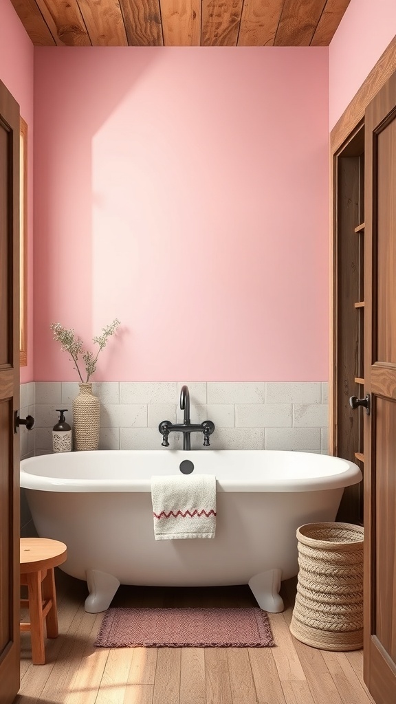 A rustic bathroom featuring pink walls, a wooden ceiling, and a white bathtub.