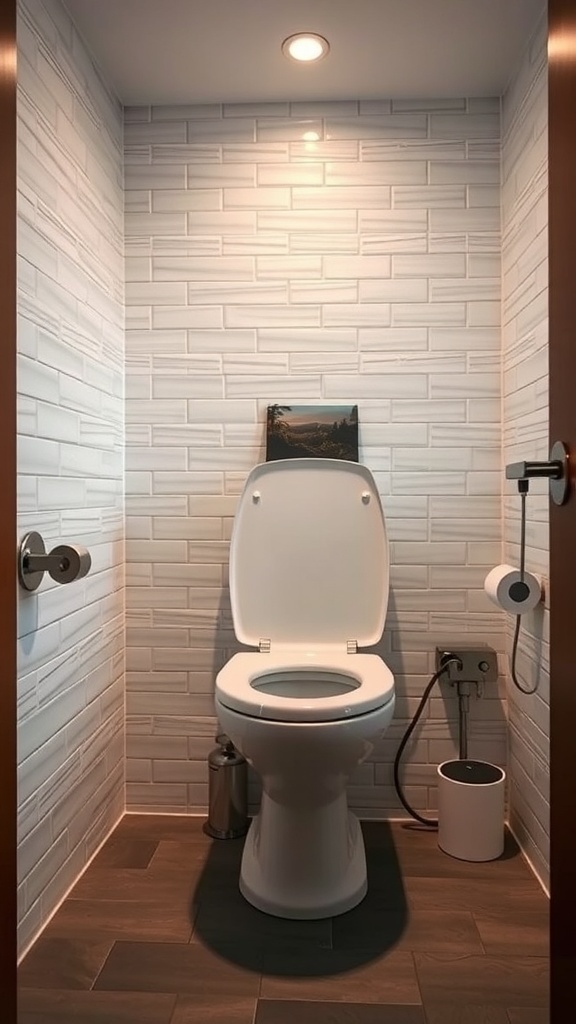 A modern composting toilet in a stylish bathroom with neutral tiles and wood accents.