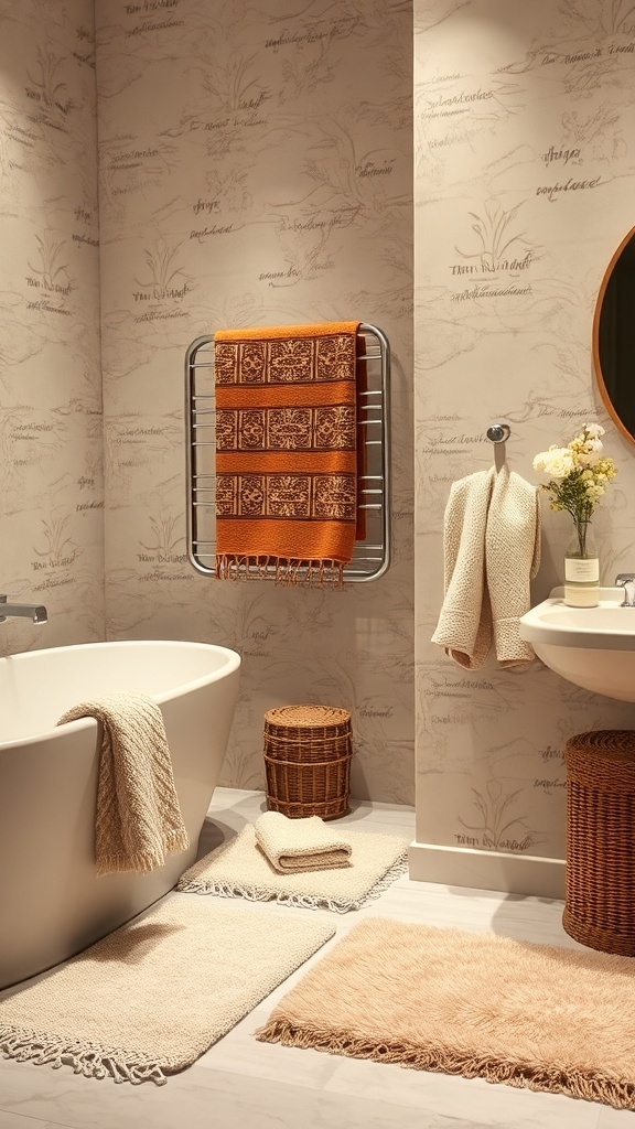 A cozy bathroom with layered textiles including rugs, towels, and woven baskets.