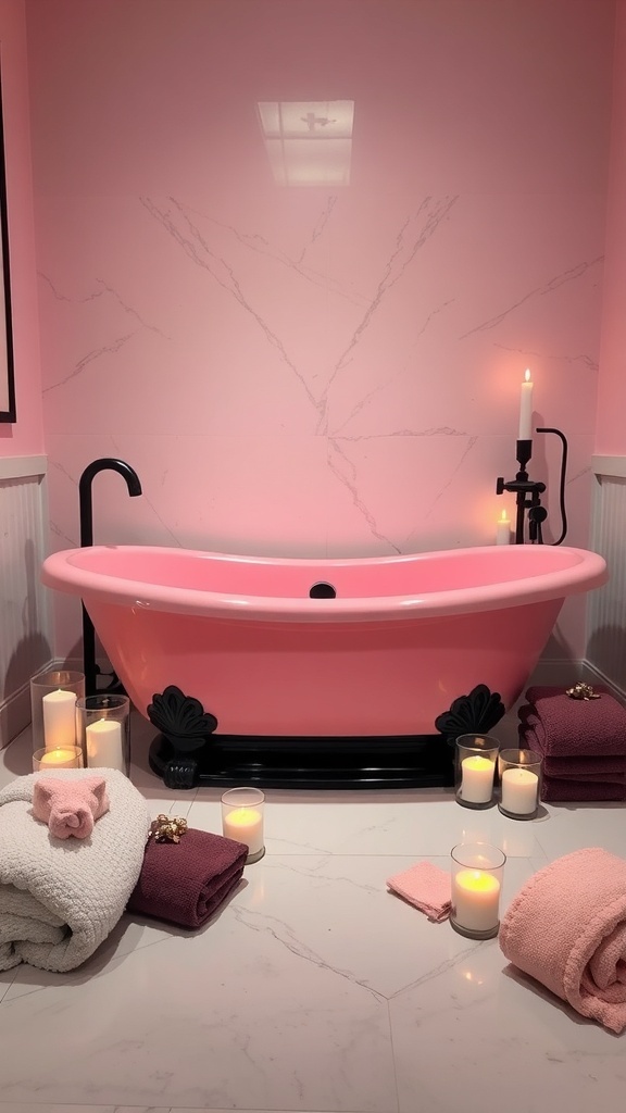 A luxurious pink bathtub with black accents, surrounded by candles and towels in a stylish bathroom.
