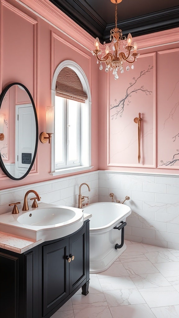 A pink and black bathroom featuring a chandelier, freestanding bathtub, and stylish fixtures.