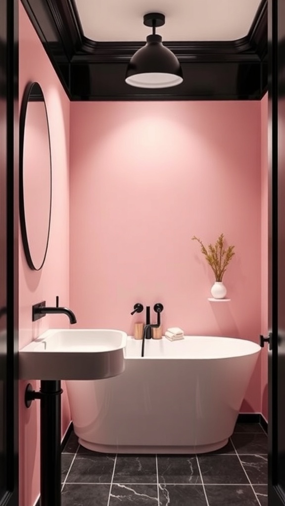 A modern bathroom featuring soft pink walls and bold black fixtures, including a sink and bathtub.