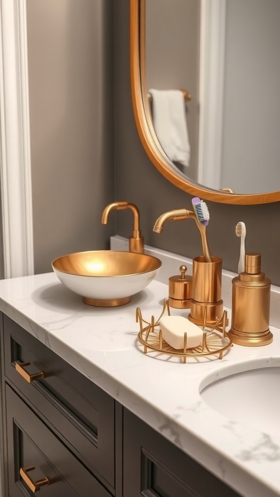 A modern bathroom counter featuring gold metallic accents, including a bowl, soap dispenser, and toothbrush holder.