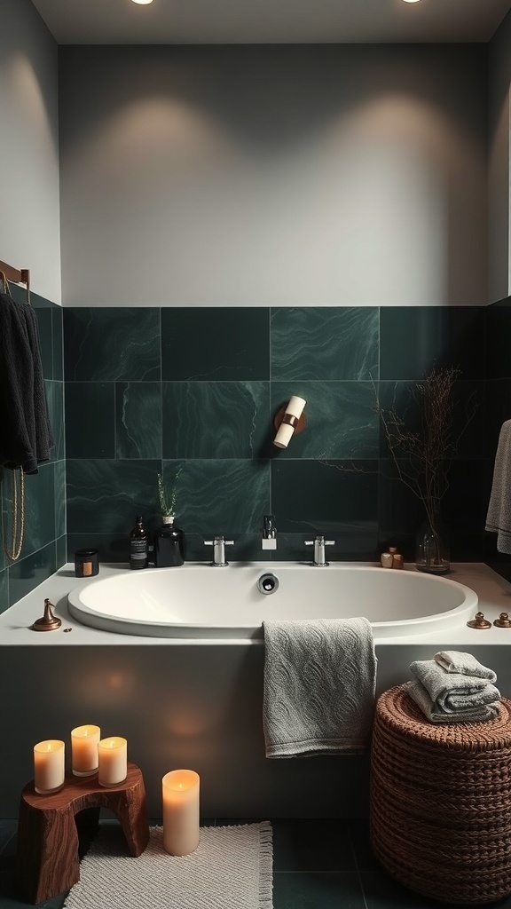 A dark green bathroom featuring a large bathtub, candles, and natural decor elements.