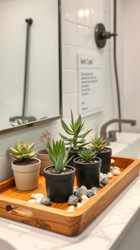 A wooden tray with various succulents in black and white pots, surrounded by pebbles, on a bathroom counter.