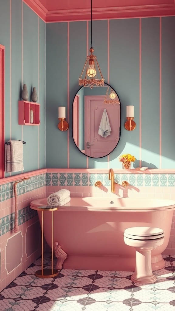 Art Deco inspired pink bathroom with a freestanding bathtub, gold fixtures, and patterned floor tiles.
