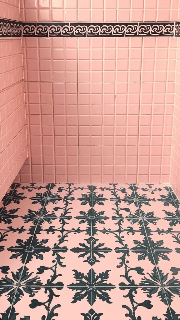 A bathroom with pink wall tiles and a patterned black and pink floor tile.