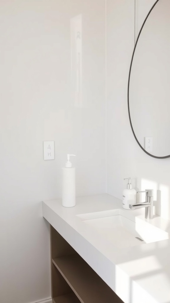 Minimalist bathroom counter with white countertop and round mirror