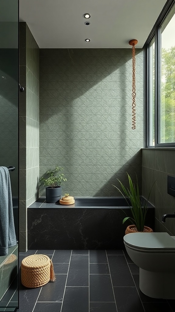 A modern bathroom featuring dark green walls, a stone bathtub, and natural plants, emphasizing sustainable materials.