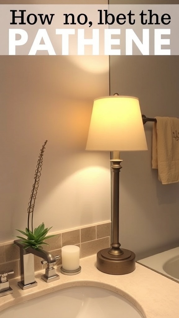 A decorative lamp on a bathroom counter with a small plant and a candle.