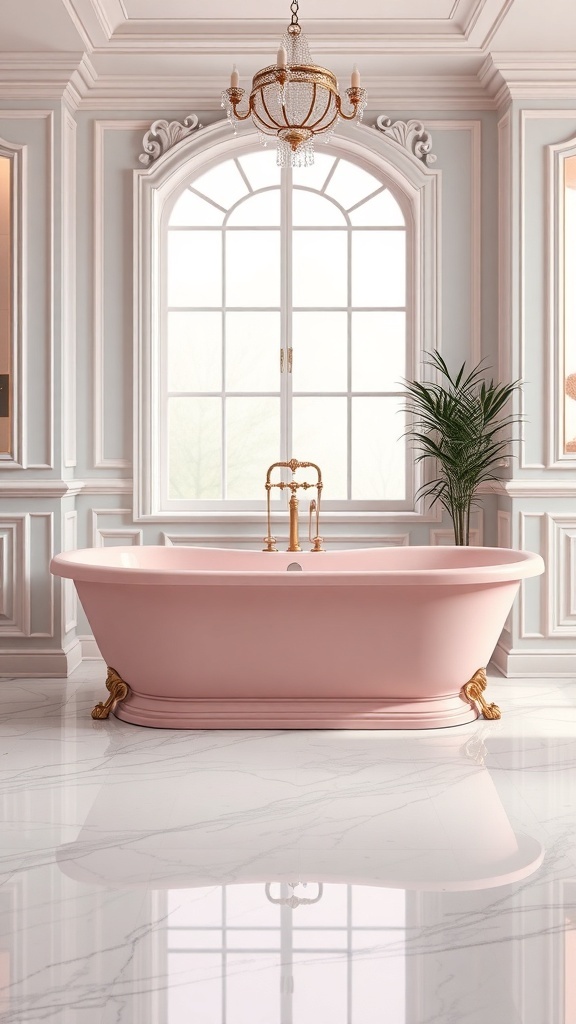 A pink bathtub with golden accents in a bright bathroom with large windows and a chandelier.