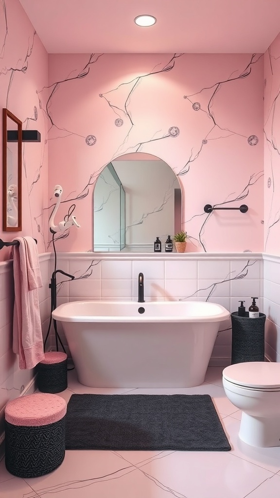 A stylish bathroom featuring pink walls with marble patterns, a freestanding bathtub, and black accents.