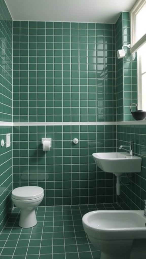 A dark green bathroom with white accents, featuring green tiled walls and floor, a white toilet, and a white sink.