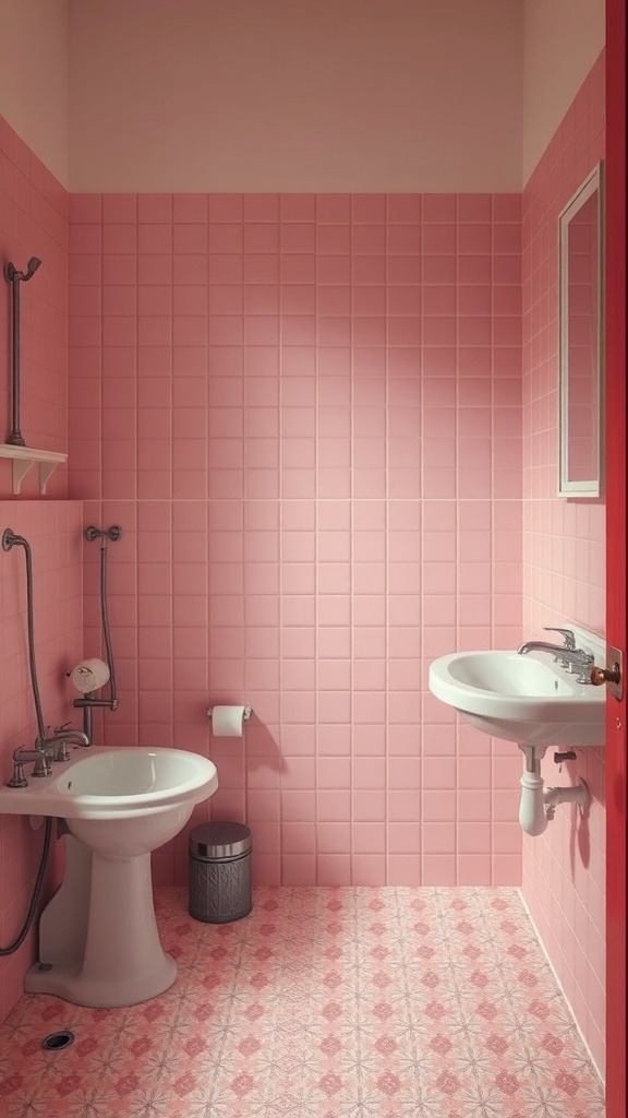 A vintage bathroom featuring pink tiles and retro fixtures.