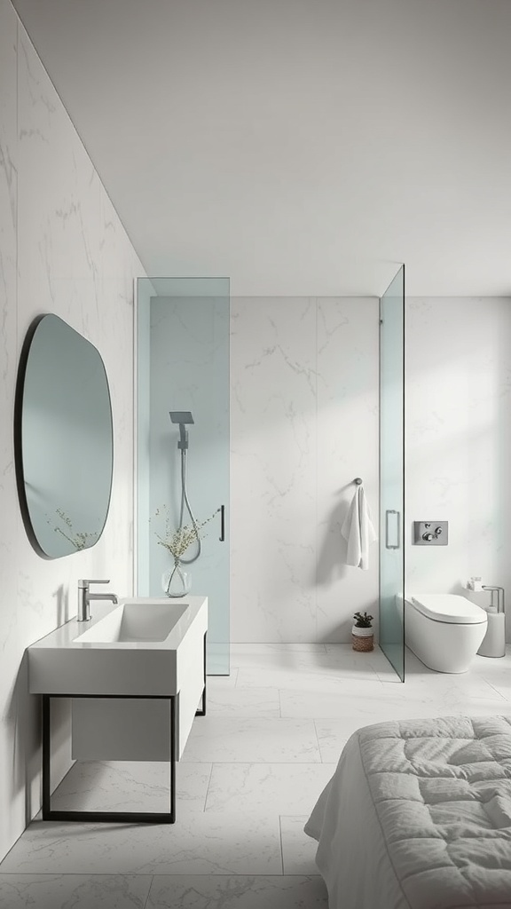 Modern bathroom with open concept layout featuring a glass shower, freestanding sink, and marble tiles.