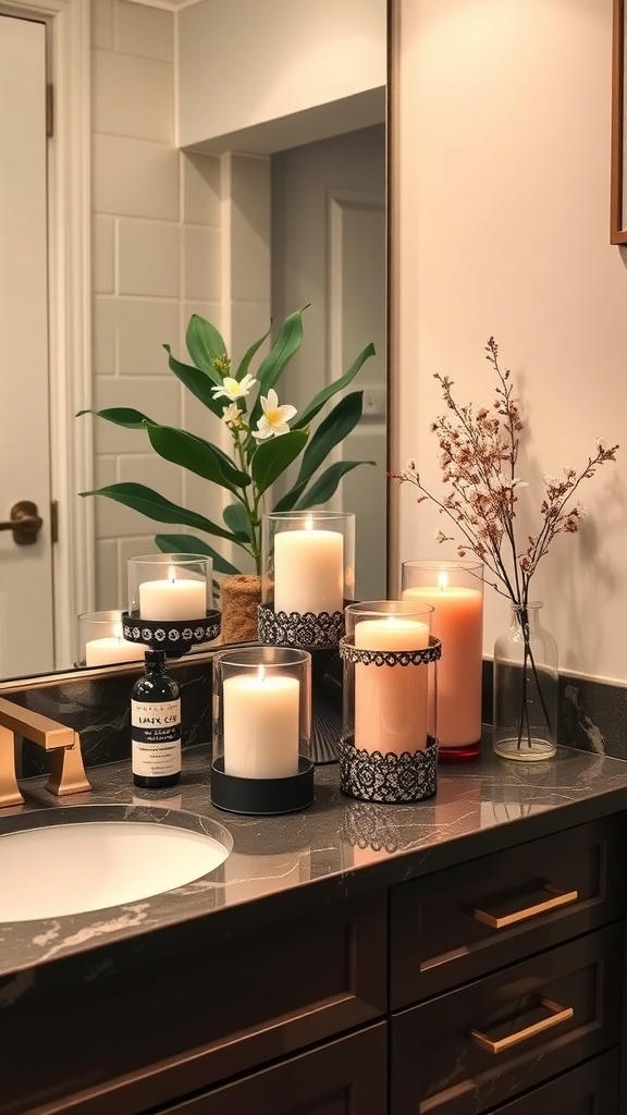 A stylish bathroom counter featuring various candles, a plant, and decorative elements.