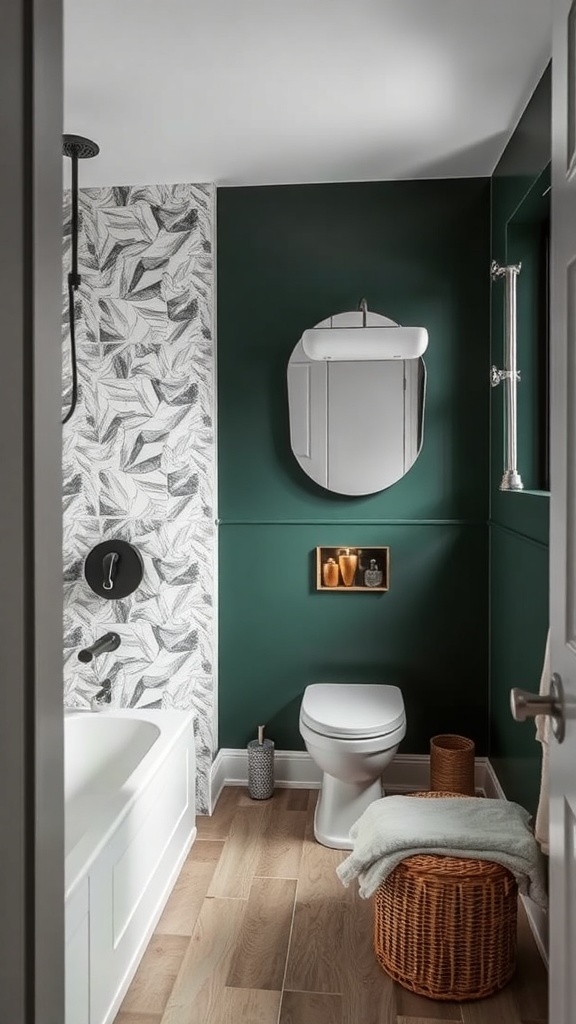 A bathroom with a dark green accent wall and leaf-patterned wallpaper.