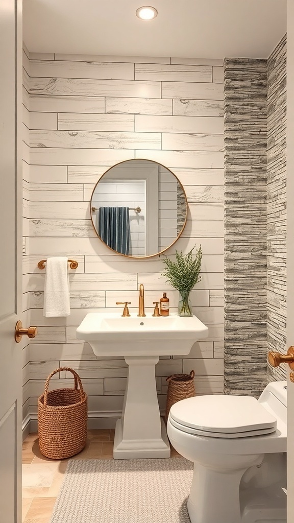 A bathroom featuring textured wall treatments with whitewashed wood and stone walls, a round mirror, and stylish fixtures.