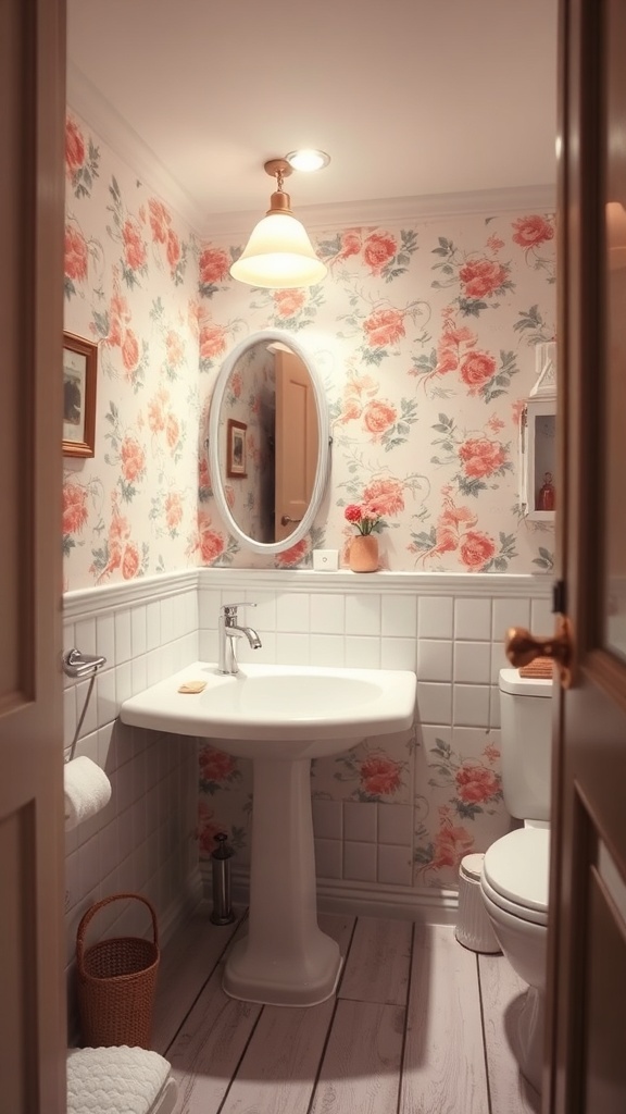 Cozy bathroom with floral pink wallpaper, round mirror, and white sink
