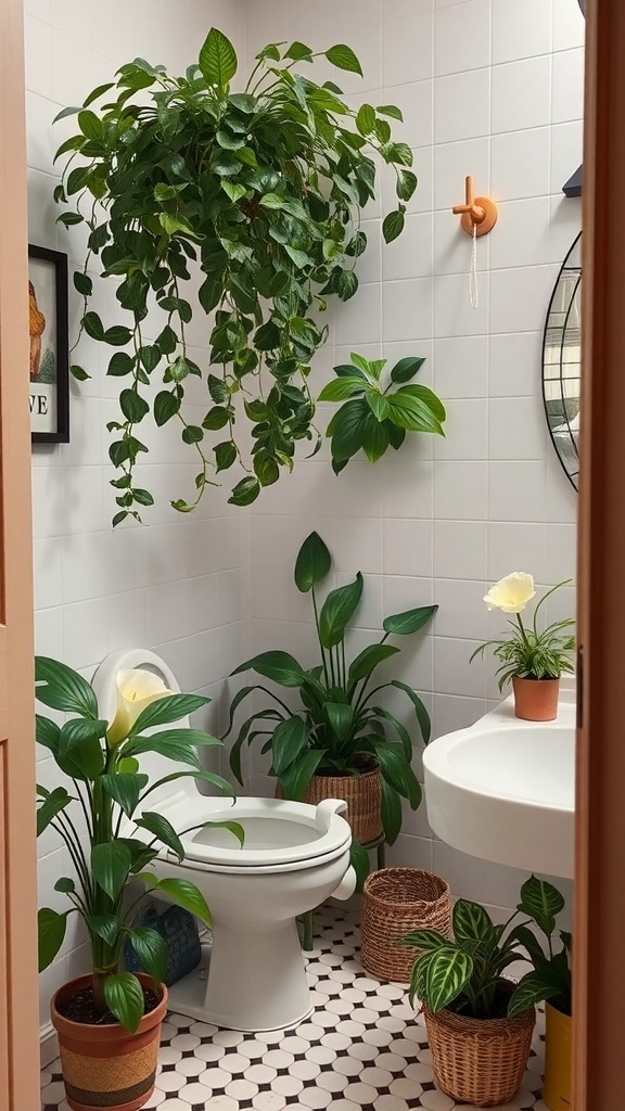 A bright bathroom featuring various air-purifying plants, including a hanging plant and leafy greens, enhancing the decor.